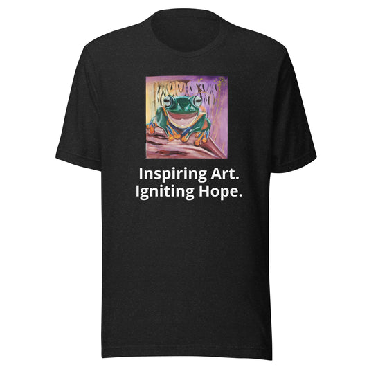 Unisex t-shirt with Original Laughing Frog Design. Inspiring Art. Igniting Hope.